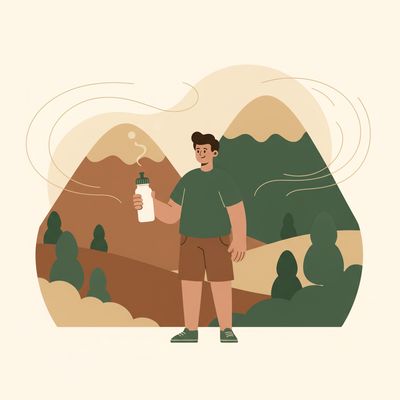Flat vector illustration of a person drinking water near central Utah mountains