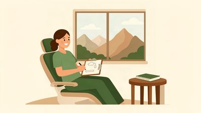 Flat vector illustration of a friendly dental cleaning visit with central Utah mountains outside the window