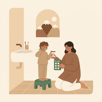 Warm illustration of a child brushing teeth with a parent nearby in a family bathroom